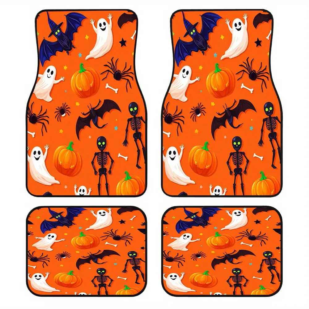 4pcs Anti-Slip Car Floor Mats Suitable for Driver/Passenger/Rear Seats, Stain & Wear Resistant, Easy Clean, Cute Halloween with Ghosts, Pumpkins, Bats, Skeletons on Vibrant Orange, 100% Car Accessories for Vehicles