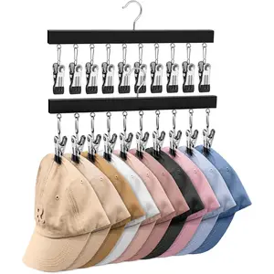 2 Pack Hat Organizer for Baseball Caps with 10 Stainless Steel Clips, Wooden Baseball Cap Organizer, Fits All Caps, Black