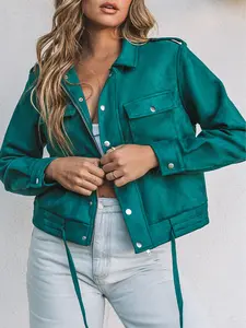 Green Faux Suede Button Down Cropped Jacket