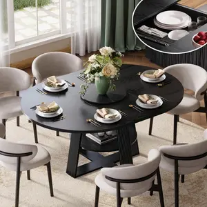 43-59” Fluted Round Extendable Dining Table for 4-8, Modern Oval Expandable Kitchen Dining Room Table, Wood Base with Storage Shelf for Kitchen Living Room, Small Space Saving