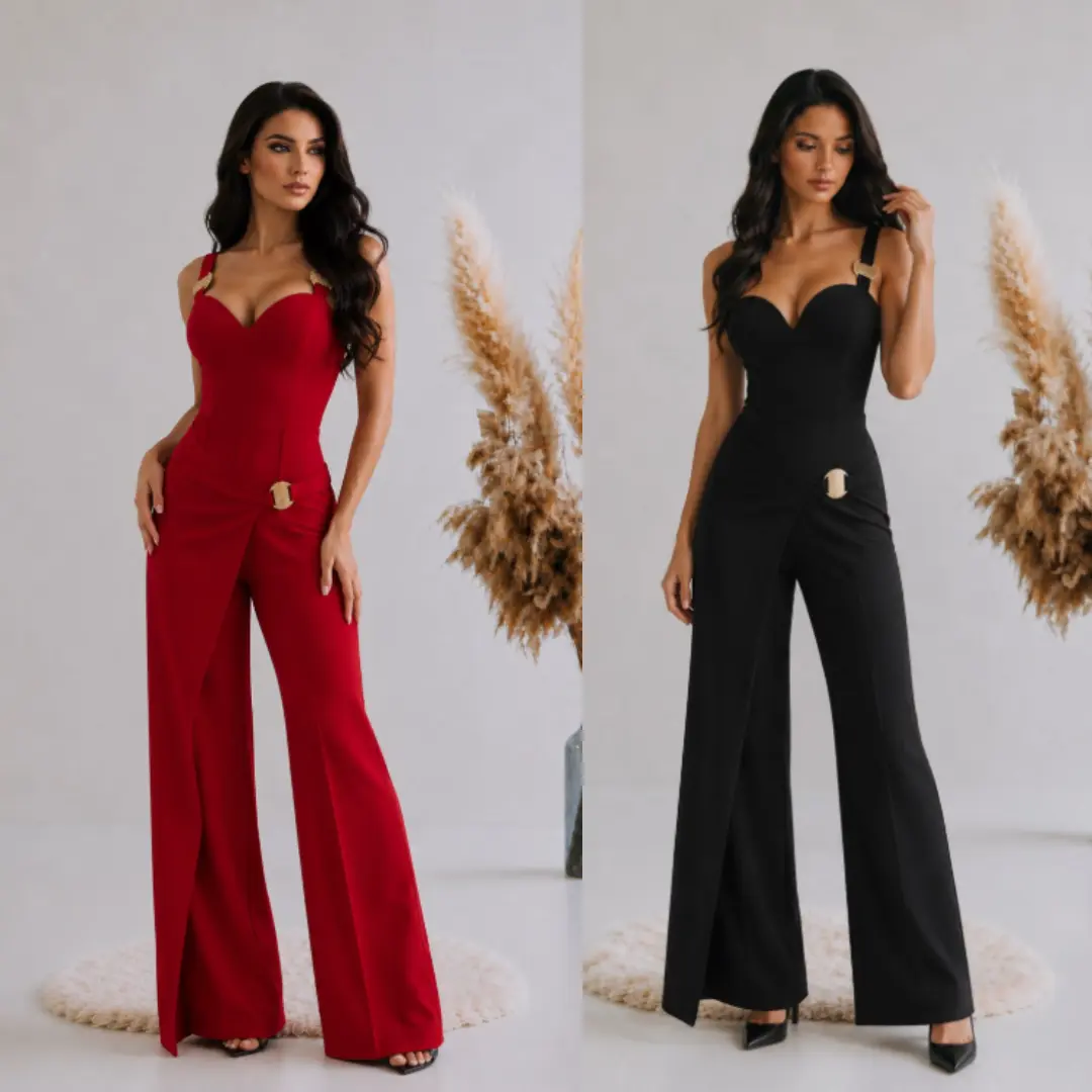 ONE SIDED WRAP JUMPSUIT - METAL GOLD PLATED DETAIL ON STRAP AND WAIST - PLUNGING V DETAIL ON CHEST - THICK ADJUSTABLE STRAPS - ZIPPER ON THE BACK