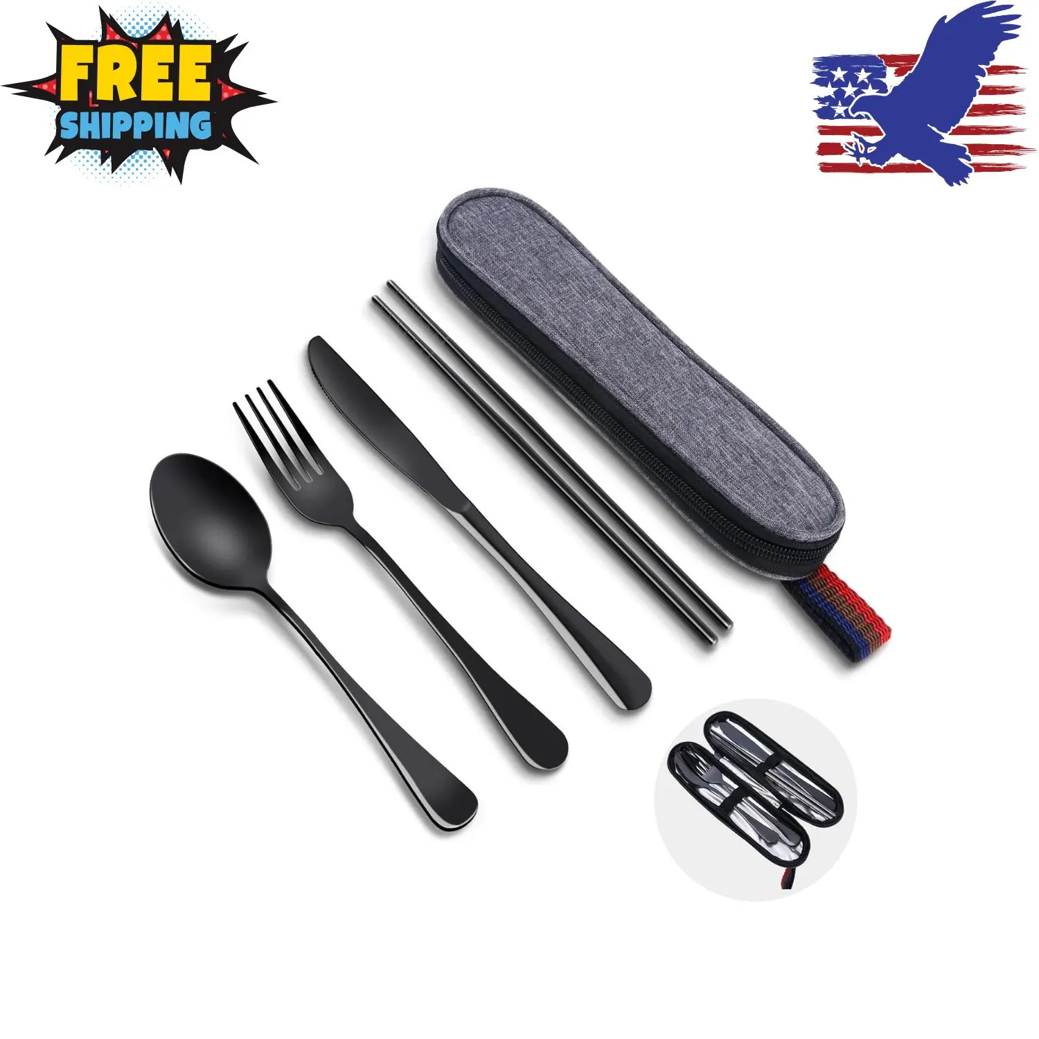 Reusable Travel Utensils Set with Case, Premium Stainless Steel Flatware