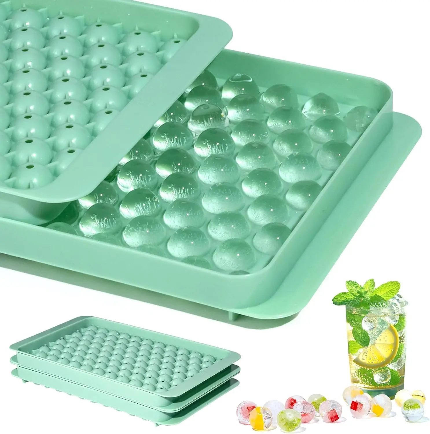 2PCS Mini Ice Cube Tray, Small Round Ice Cube Molds 104x2 PCS Tiny Pebble balls, Crushed Ice Trays for Freezer with Lid, Easy Release Nugget Ice Ball Maker for Chilling Drink, Coffee, and Juice