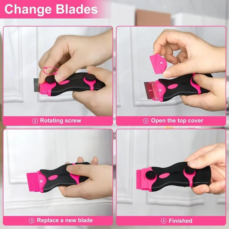 Pink Razor Blade Scraper Tool, 2-in-1 Glass Cooktop Scraper for Stove Top, Oven Door and Glass, Cleaning Razor Scraper with 10 Plastic and 10 Metal Blades