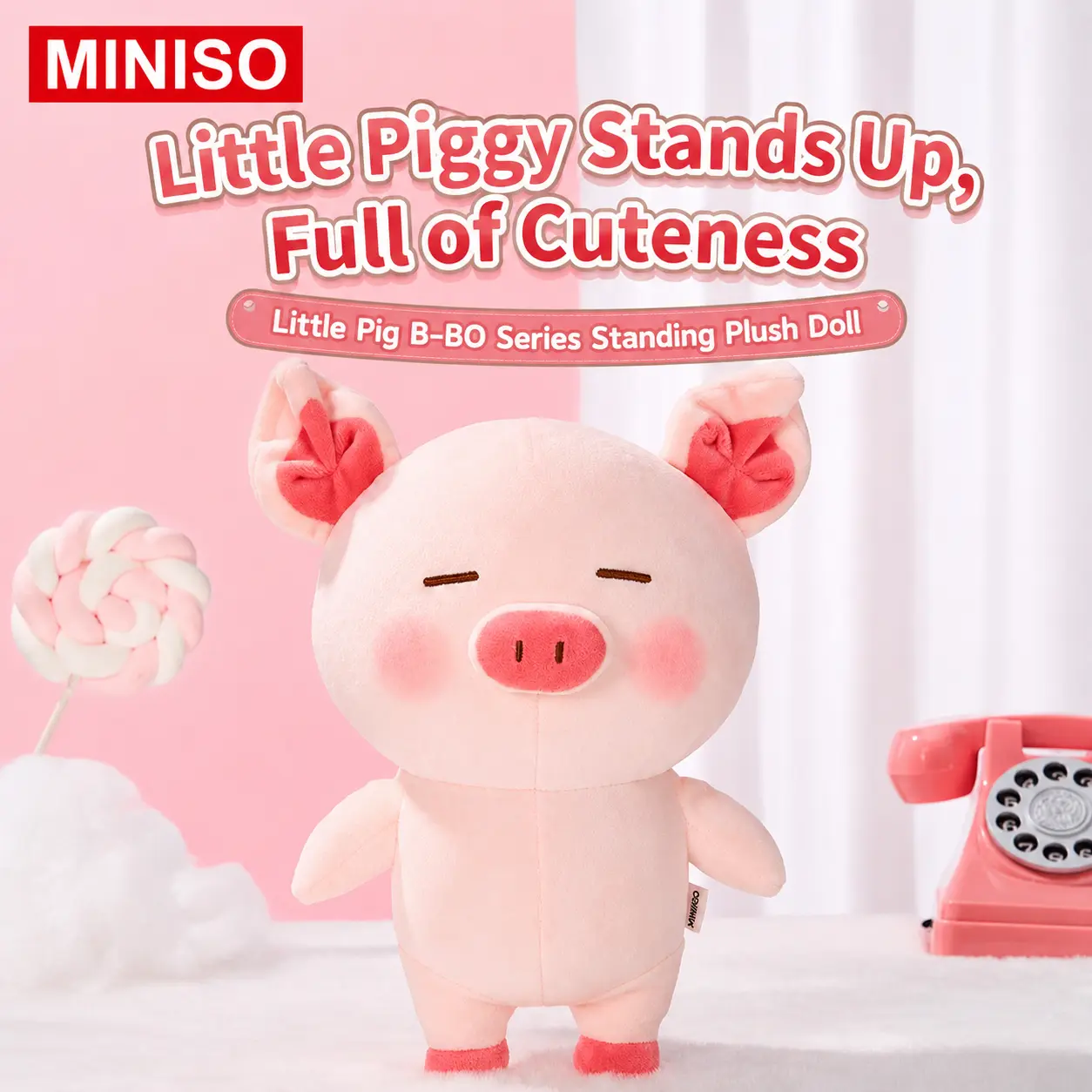 MINISO Cute Pig B-BO Standing Plush Toy! Soft and irresistibly huggable, favored by kids and adults. Ideal for bedroom decor, comfy to cuddle, a lovely daily sleep companion.