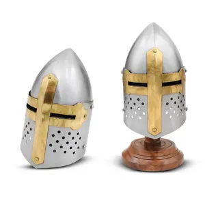 Medieval Warrior Miniature Helmet with Wooden Display Stand 18GA Steel, Collectible Replica Helmet