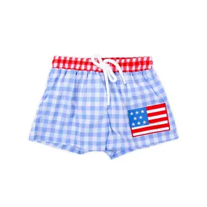 Americana Swim Trunks - Boys Patriotic Blue Gingham Flag Swimsuit