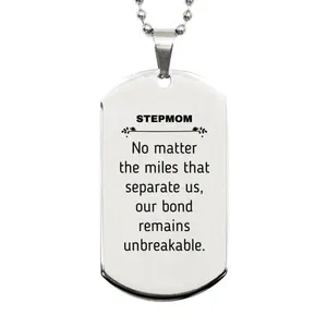 Stepmom Long Distance Relationship Gifts, No matter the miles that separate us, Cute Love Silver Dog Tag For Stepmom, Birthday Christmas Unique Gifts For Stepmom