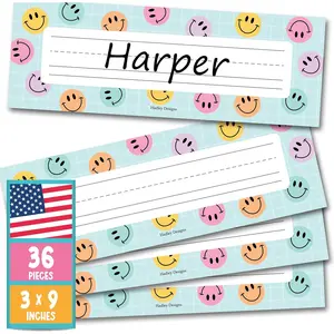 Desk Name Tags for Classroom - 36 Student Desk Name Plates for Classroom Decor, 9x3 Smiley Nametags Cubby Labels Teacher Supplies, 1st 2nd 3rd Grade Kindergarten Preschool Must Haves