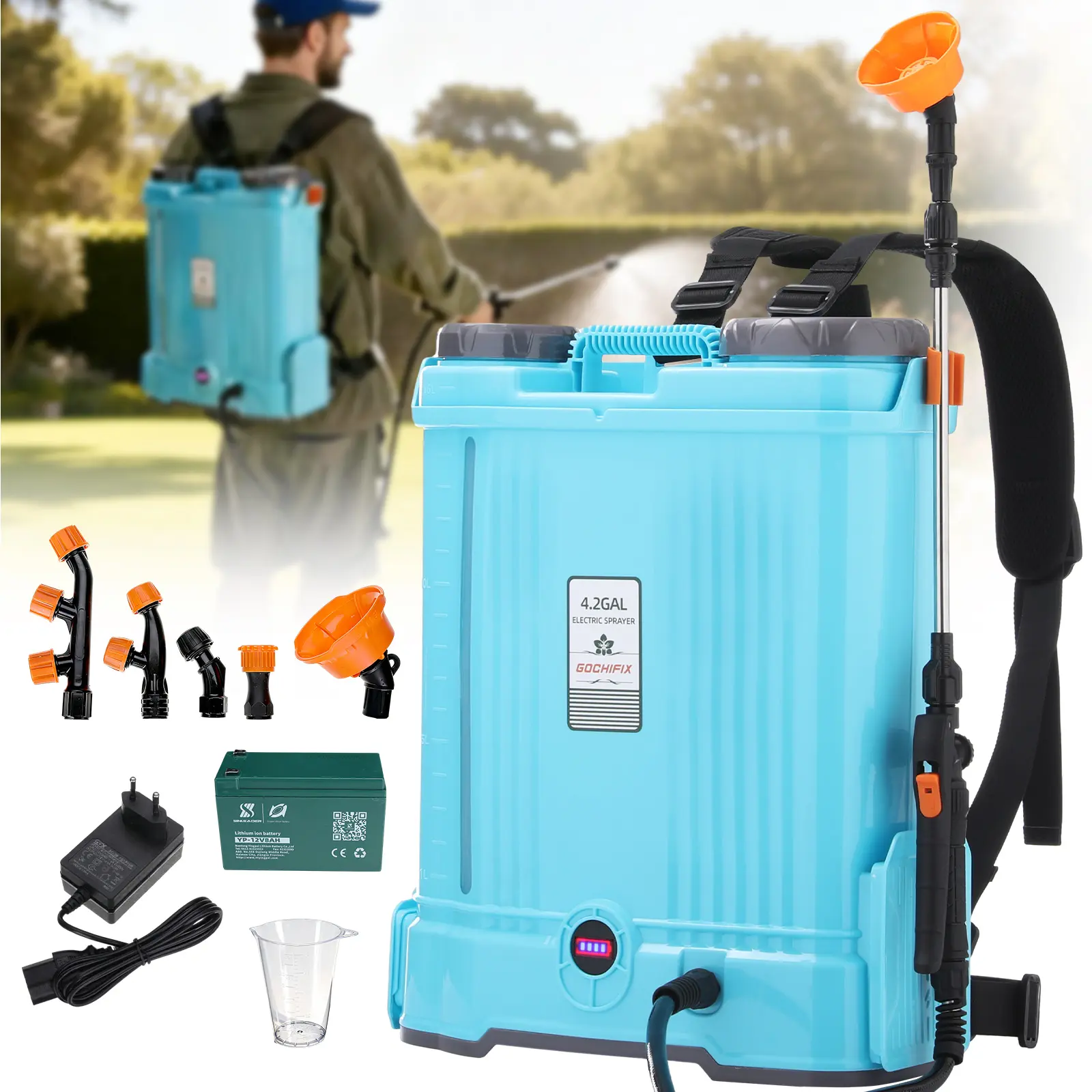 Backpack Garden Sprayer, GOCHIFIX 4.2 Gallon Electric Weed Sprayer w/ 5 Nozzles, Stir & Pressure Adj, Telescopic Wand, Battery Indicator, Battery Powered Rechargeable Auto Pump Sprayer for Yard, Lawn