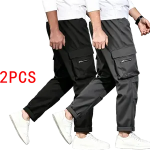 Men’s two-piece workwear pants set with multiple pockets, durable breathable polyester fabric, stylish design, suitable for hiking, construction sites, casual wear, outdoor activities, men’s clothing.