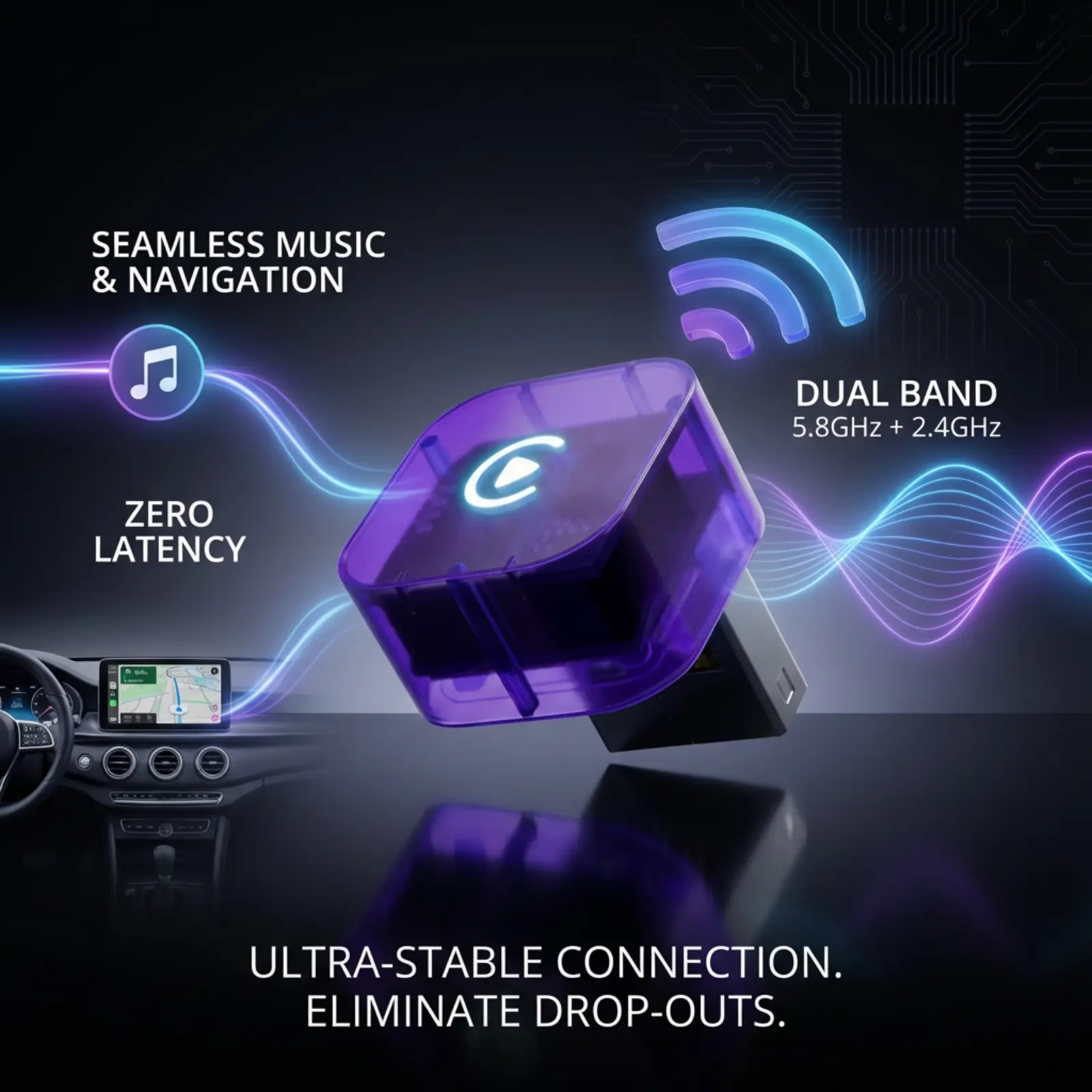 Upgraded Wireless CarPlay Adapter & Android Auto 2-in-1 Dongle, 5.8G Mini Plug & Play (Purple Transparent Edition) apple carplay plug