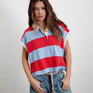 Woman's Cotton Polo Shirt Short Sleeve Striped Red Blue Vintage Rugby Style Comfortable Breathable Loose Casual Summer Outfit Streetwear Chic Top