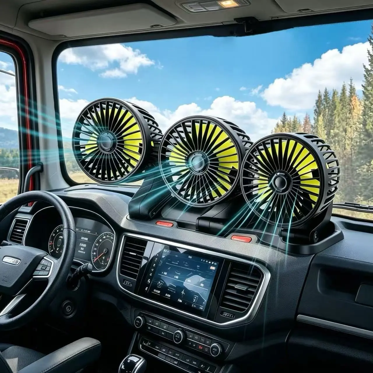 Car three head fan, 360° rotation adjustment, with phone number plate, portable fan, Portable Travel Fan, Adjustable cooling fan, car cooler, adjustable wind speed, rear USB fan, rear headrest, without battery, suitable for sedans, SUVs and RVs