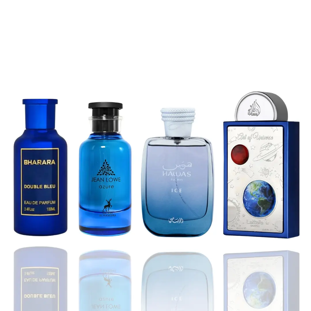 Lattafa True Blue Collection 4-Piece Exotic Fragrances Gift Set - 100ml EDPs (Bharara Double Bleu, Jean Lowe Azure, Hawas Ice, Art of Universe) - Aromatic & Musk Unisex Fragrance with Fresh Scent