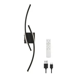Wireless LED Wall Sconce - 10000mAh Battery Operated Wall Light, Modern Curved Wall Lamp with Remote Control, Dimmable, No Wiring, Rechargeable, Black Wall Mount Light for Bedroom Living Room Hallway Stairway, Easy Install,Home Decor