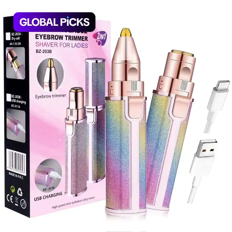 2-in-1 Electric Eyebrow Trimmer, 1 Set Portable Facial Hair Remover, Cordless Shaver, Body Groomer Shaver, Lip, Facial and Body Hair Removal Tool with LED Light, Rechargeable Women's Shaver and Brow Shaper #GLOBAL PICKS