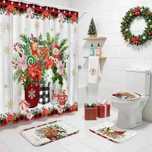 1/4 pc Cute snowman Christmas red checkered floral gingerbread man pattern, exquisite shower curtain set, non-slip mat, U-shaped rug, toilet seat cover, perfect for bathroom decoration, beautifies the space, includes 12 shower curtain hooks.
