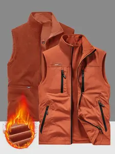 Men's Fleece Lined Vest, Multi-Pocket Dual-Sided Outdoor Jacket, Stand Collar Warm Puffer Vest, Unisex Workwear Waistcoat