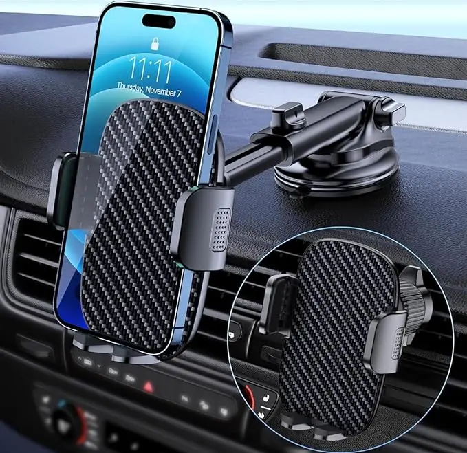 Car Phone Holder Mount Phone Mount for Car Windshield Dashboard Air Vent Universal Hands Free Automobile Cell Phone Holder Fit for iPhone Smartphone Carbon Fiber