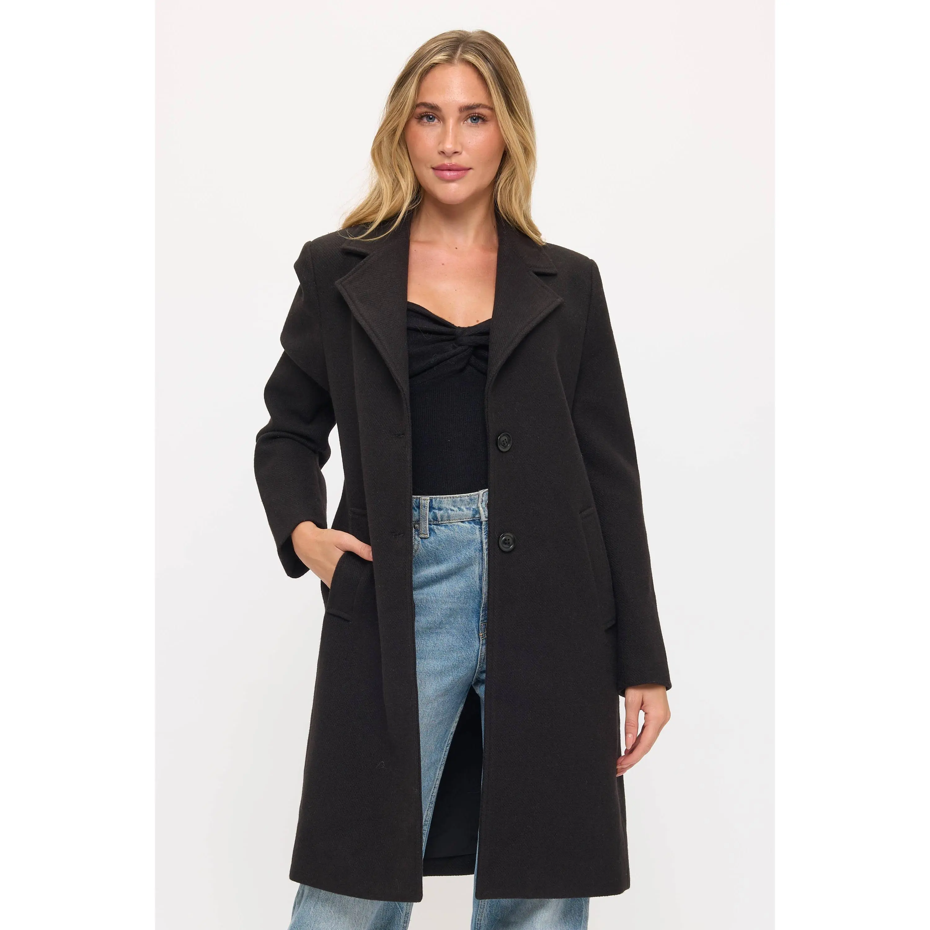 Women's Modest Prestige Wool Long-Sleeve Elegant Feminine Minimalist Button Statement Coat - Black, Outerwear