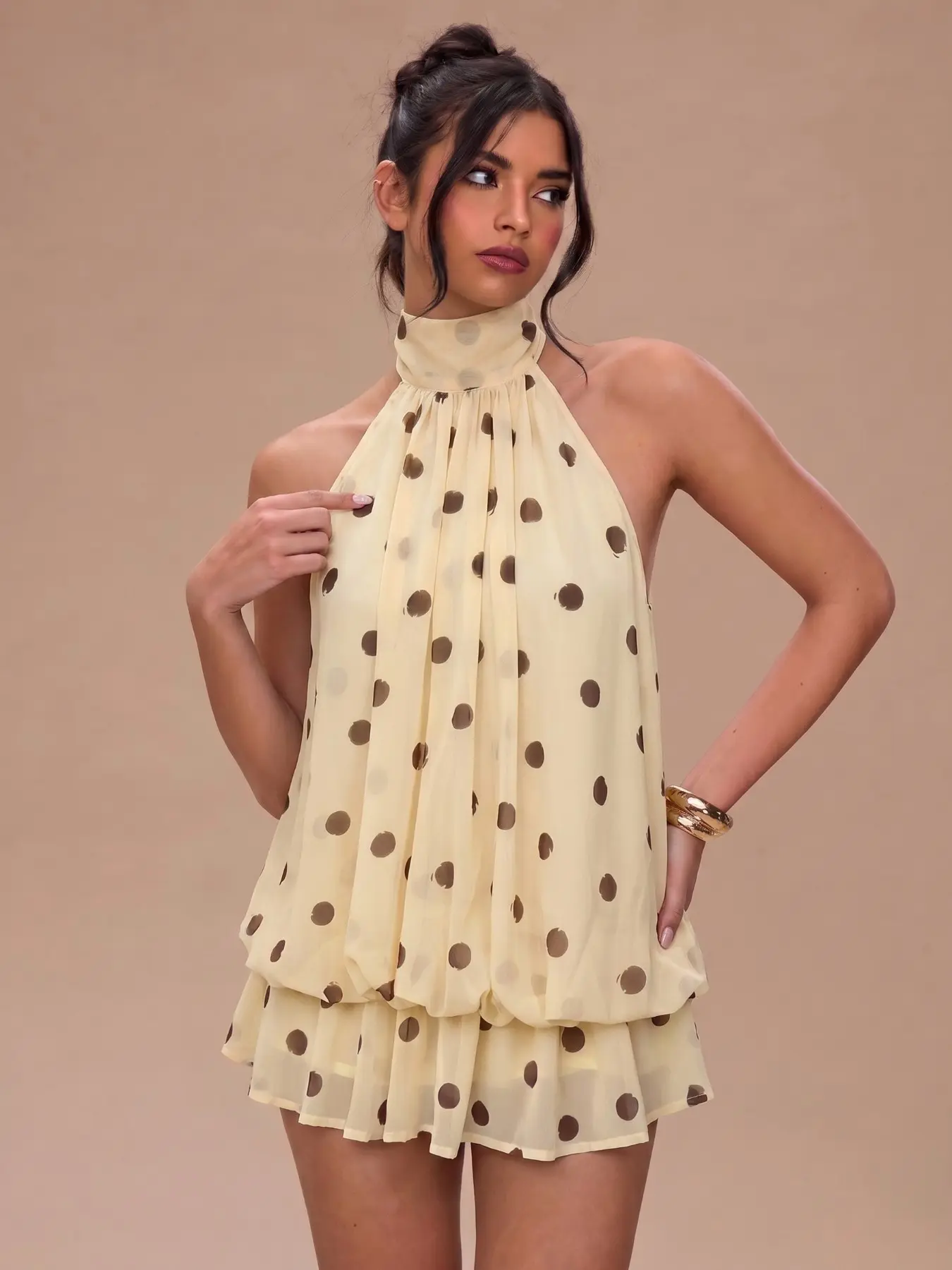 Polka Dot Halter Mini Dress, Sleeveless Ruffled Hem Skirt, Y2K Coquette Aesthetic, 90s Retro Style, 4 Colors Available, Casual Chic Summer Daily Wear, Viral Trendy Women's Dress