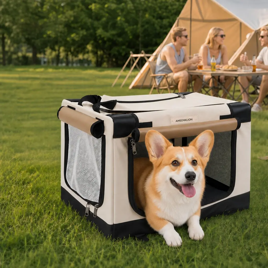 Collapsible Travel Dog Crate for Small-Medium Dogs, 20x14x14 in Travel Kennel Carrier Bag with 3 Doors, Chew-Proof Mesh Windows, Buckle, Hand Wash Only, Beige