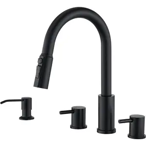 4 Hole Kitchen Faucet, Brushed  Kitchen Faucet with Soap Dispenser and Pull Down Sprayer 3 Modes Kitchen Sink Faucets, Stainless Steel High Arch Kitchen Sink Faucet with Separate Handle