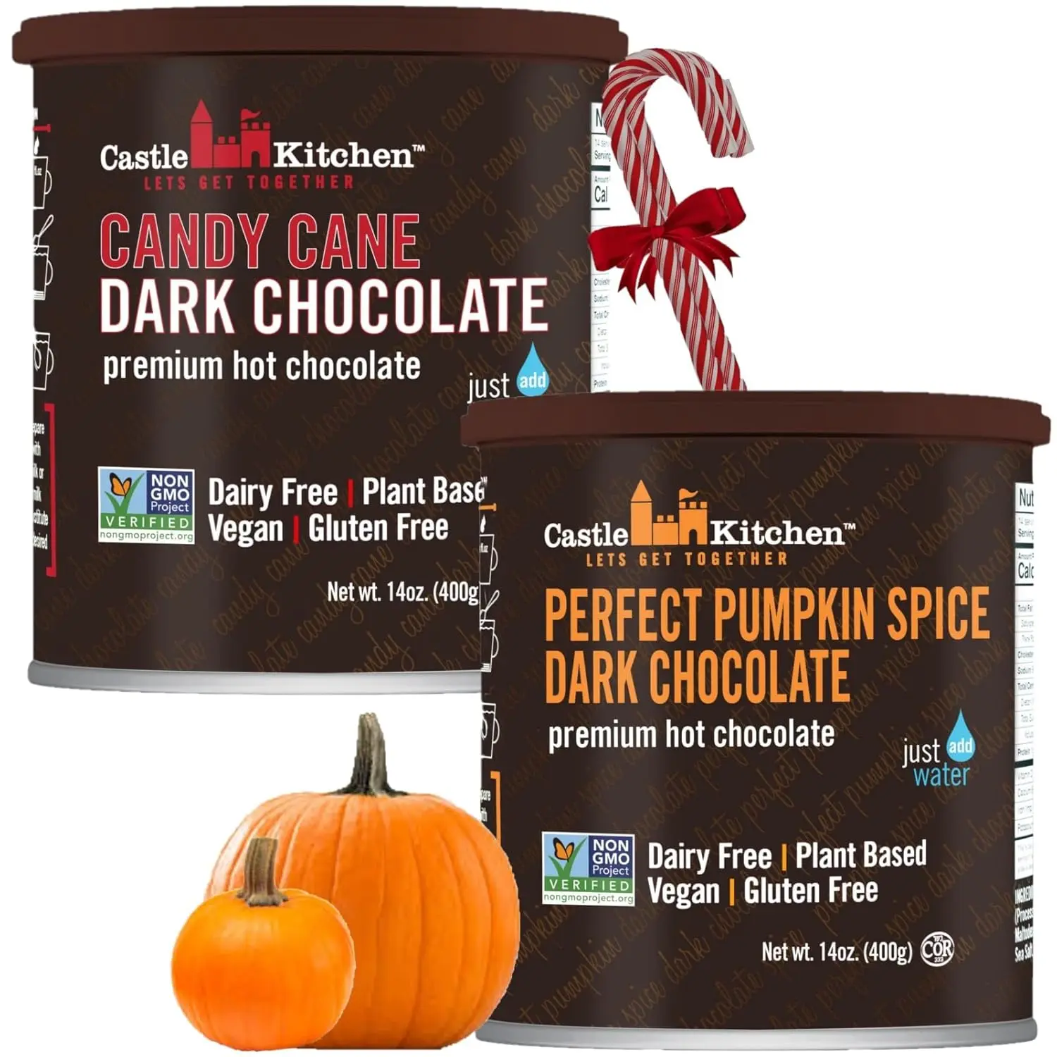 Castle Kitchen Christmas Candy Cane & Pumpkin Hot Chocolate Combo (Holiday Bundle, 1 of Each) - Festive, Holiday-Ready Hot Cocoa Mix, Dairy Free, Vegan Made With Decadent Dark Chocolate