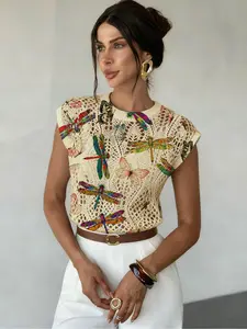 Women's Sleeveless Knit Sweater, Round Neck Design, Fitted Cut Out Pattern, Spring & Fall Season, Casual Daily Wear