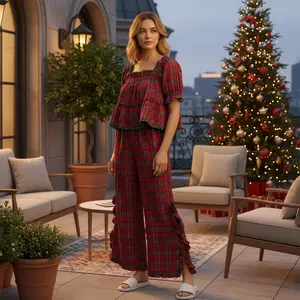 Women Pajama Set, Stripes/Plaid Short Sleeve Square Neck T-shirt with Pants Sleepwear Loungewear