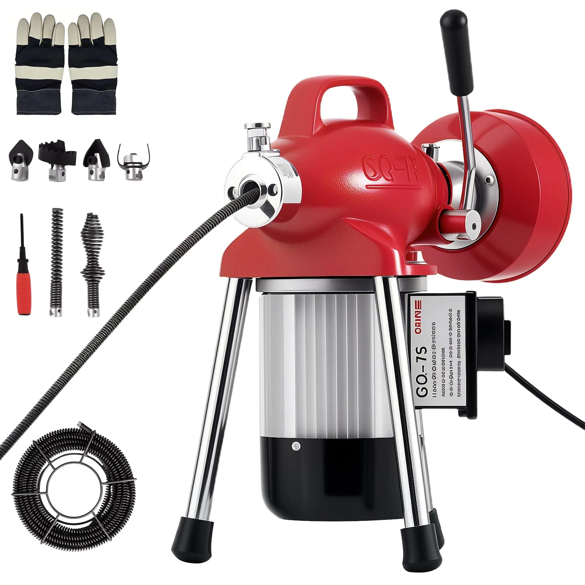 GARVEE Drain Cleaner Machine with 66FT x 5/8" & 16FT x 3/8" Steel Cables, 7 Cutters, Electric Sewer Snake Drain Auger, 500w Power Drain Cleaner Machine, Auto Feed Pipe Snake for 3/4" to 4" Pipes,Red
