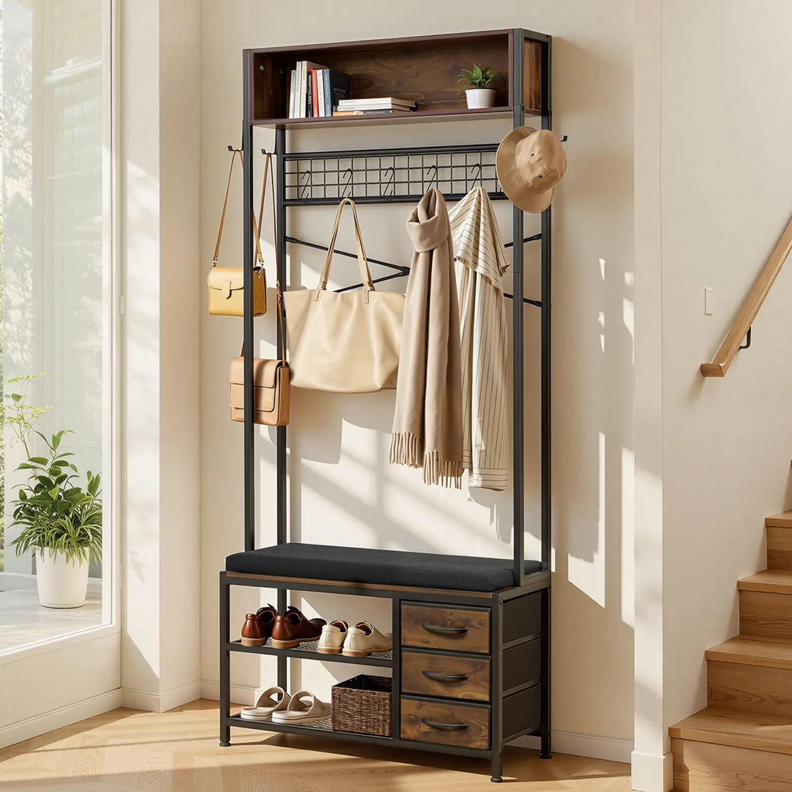 【SummerFinds】VEVOR Freestanding Coat Rack - 70.9 in 3-in-1 Hall Tree with Shoe Bench, 3 Drawers, Bookshelf & Wire Shelf, Steel Frame Storage Organizer for Entry, Bedroom, Modern Coat Racks, Father's Day Gift, Freestanding Coat Racks