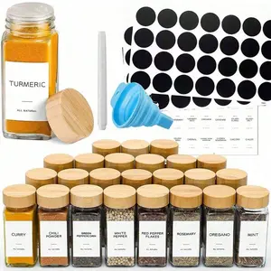 Bamboo Lid Glass Spice Jar with Labels & Funnel & Pen & Brush, 1 Set Empty Storage Container for Spices Seasonings, Kitchen Gadgets, Kitchen Seasoning Container for Dining Room Picnic Barbecue, Kitchenware