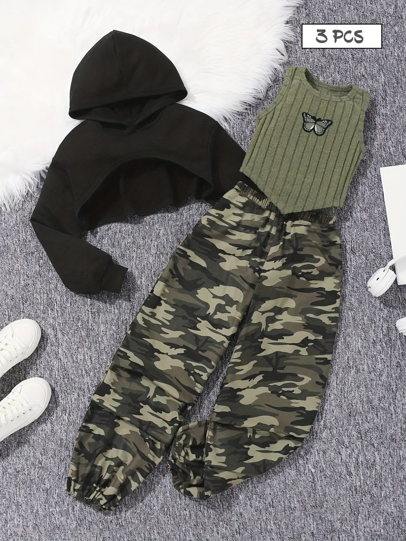 Trendy 3-Piece Camo & Butterfly Set, Layered Crop Hoodie + Sleeveless Tank + Joggers, Cool Cute Street Fashion for Girls, Casual Stylish for Everyday Wear, Camouflage, Clothes