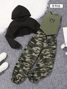 Trendy 3-Piece Camo & Butterfly Set, Layered Crop Hoodie + Tank + Joggers, Cool Street Fashion for Girls, Stylish for Everyday Wear, Camouflage