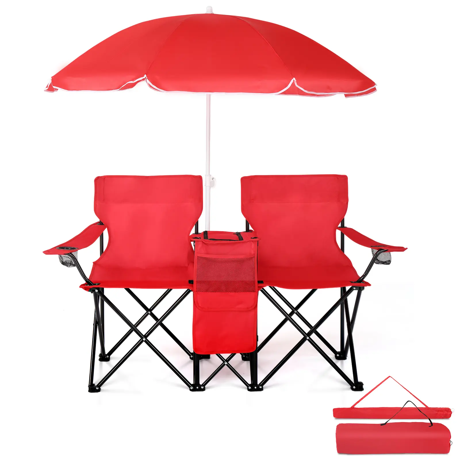 LOOGU 2-Seater Portable Outdoor Folding Chair with Removable Sun Umbrella, Premium Steel Foldable Frame, Oxford Cloth Material, Ideal for Fishing, Camping Folding Chair, Two-Seater