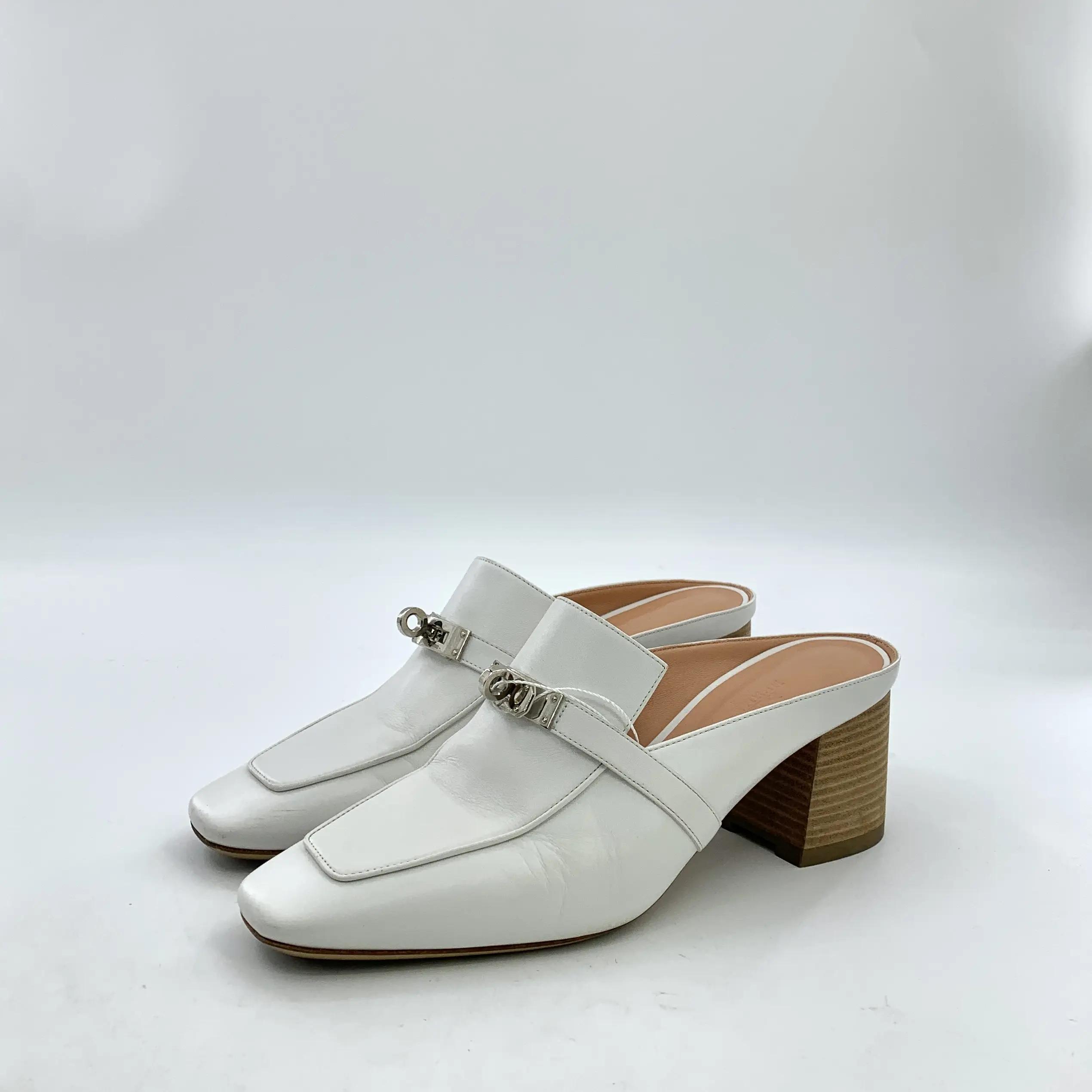 RDLTS- Hermès White Silver Buckle Mules Heels Size US 8.5