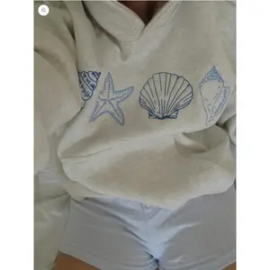 Women'sCozyGreyHoodiewithMarine-ThemedStarfishCrewNeckLongSleeveCasualSweatshirtFabricPulloverLooseWinterCottonFit