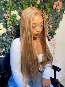 Brown-Blonde Highlighted long straight wig, Lace Front Wig, 13x4mm lace bangs, free parting, HD transparent lace bangs, pre-shaped natural hairline, heat-resistant synthetic fiber, women's everyday wear, 28 inches.