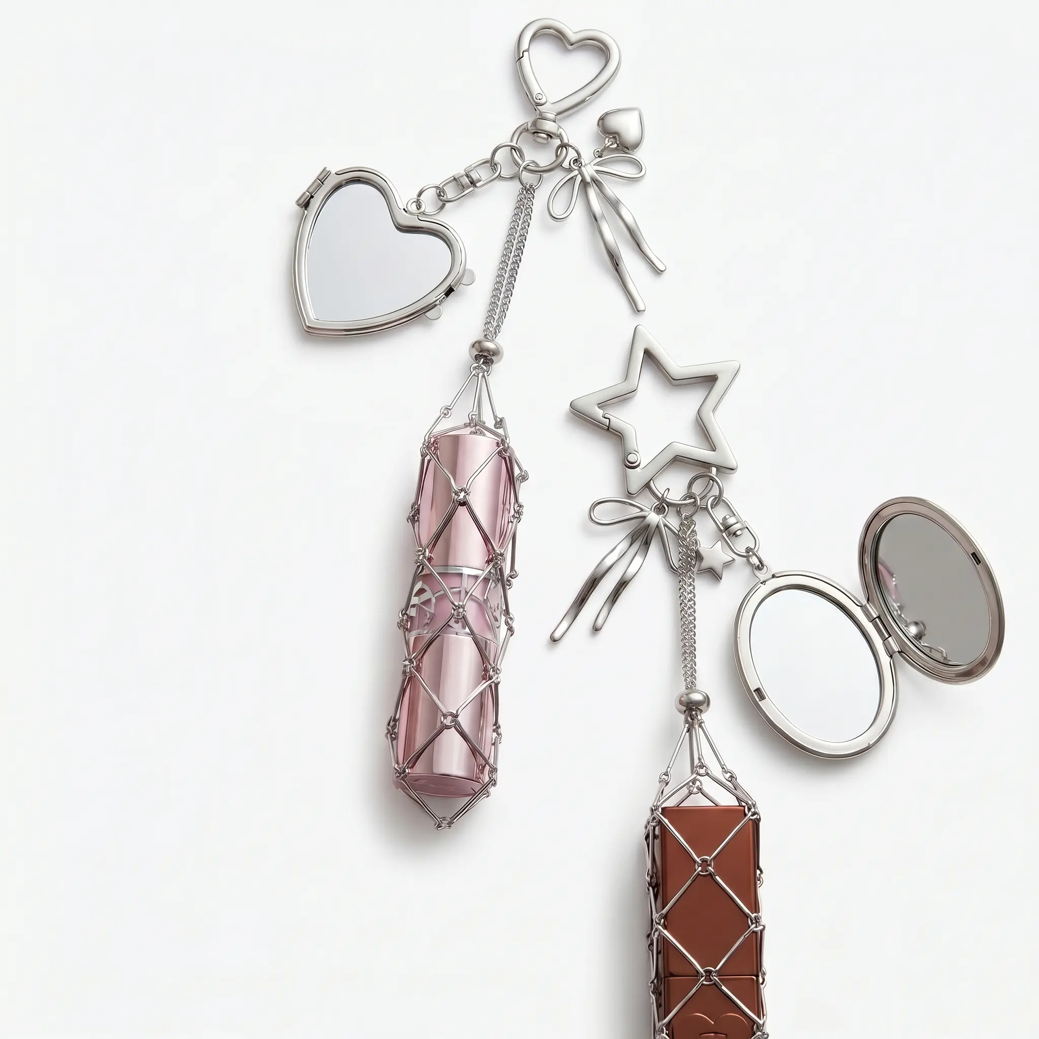 Cute Heart Metal Mesh Lip Gloss Holder Keychain with Mirror, Lip Care Clip, Easy-Access Portable Makeup Pendant for Daily Use (Home Decor Hanging Charm)