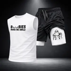 Men's 2-Piece Black Gym Outfit, Sleeveless Workout Tank Top & Sports Shorts