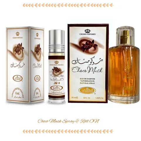 Al-Rehab Choco Musk Regular Edition Dual Format Multi-Pack - 50ml Spray, 6ml Roll-On EDP, Portable Oil Stick, Chocolate Fragrance with Warm Spicy Amber, Cacao Vanilla, Unisex Roll On/Spray Fragrance
