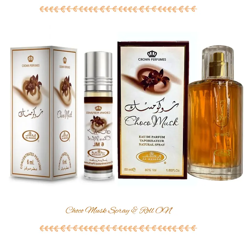 Al-Rehab Choco Musk Regular Edition Dual Format Multi-Pack - 50ml Spray, 6ml Roll-On EDP, Portable Oil Stick, Chocolate Fragrance with Warm Spicy Amber, Cacao Vanilla, Unisex Roll On/Spray Fragrance
