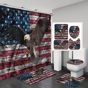 Eagle & American Flag Pattern Bathroom Decorations, Bath Curtains Shower, 4 Counts/set Including Shower Curtain & Toilet Lid Cover & Mat & U-shaped Mat, Bathroom Accessories
