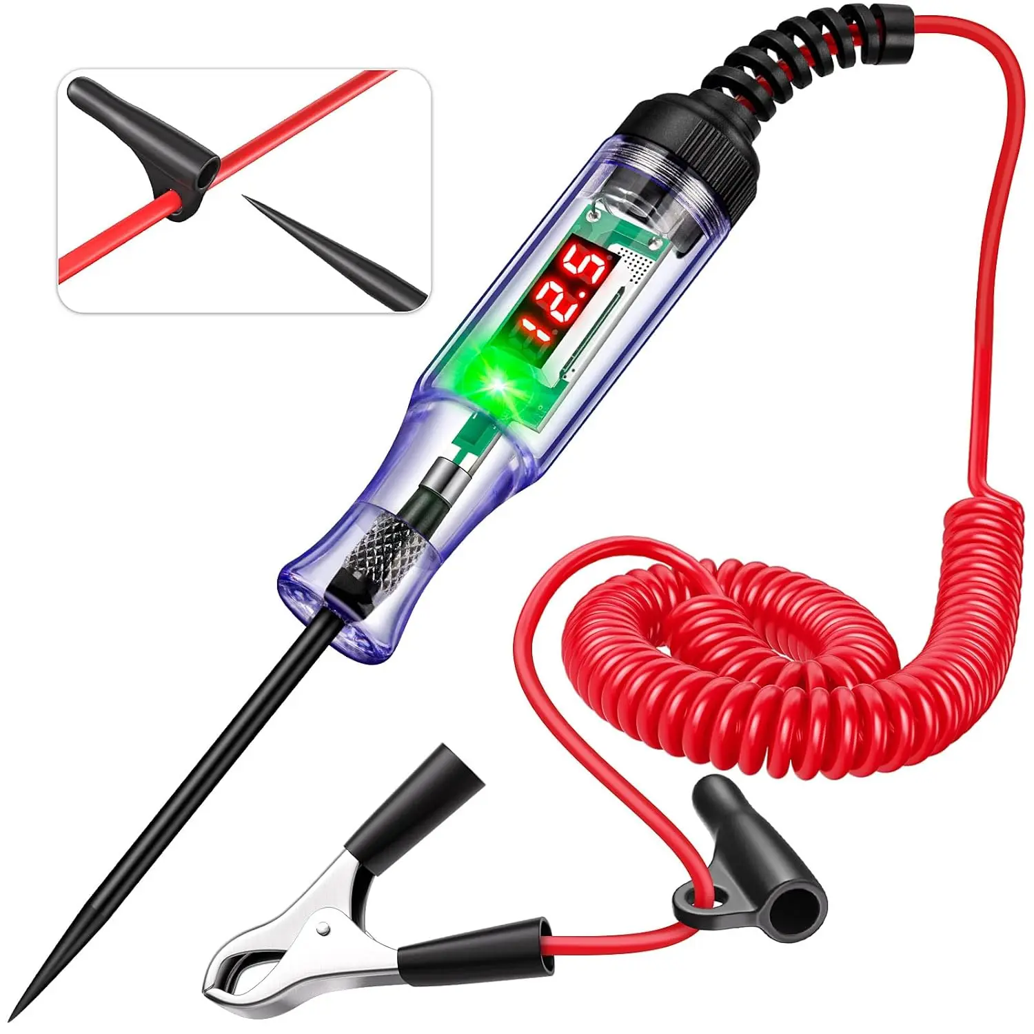 Car Voltage Tester with Clamp - 5-90V Digital Display Automotive Diagnostic Tool, ±0.2V Accur., LED, Bidirectional Light Test Pen, Extended Spring Wire, Probe, Polarity Ind., 1-Hand Operation for RV Fuse Checking