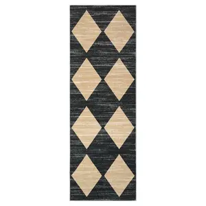 2 x 6 ft Low Pile Modern Abstract Polyester Black/Taupe Rectangular Runner Rug, Machine Washable, Geometric Diamond Print for Laundry & Bathroom Use, Low Pile Rug, Modern Abstract Rug