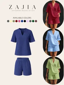 Women's Casual Loose Fit V-Neck Two-Piece Set, Short Sleeve Tops & Shorts, European & American Style, Comfortable Summer