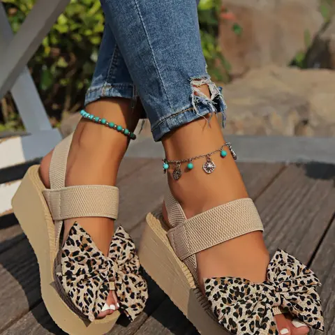 Women's Fashion Leopard Print Bowknot Design Fashionable Wedge Sandals, Casual Versatile Sandals for Summer, Lightweight Breathable Comfortable Shoes for Daily Wear, Casual Trendy Sandals