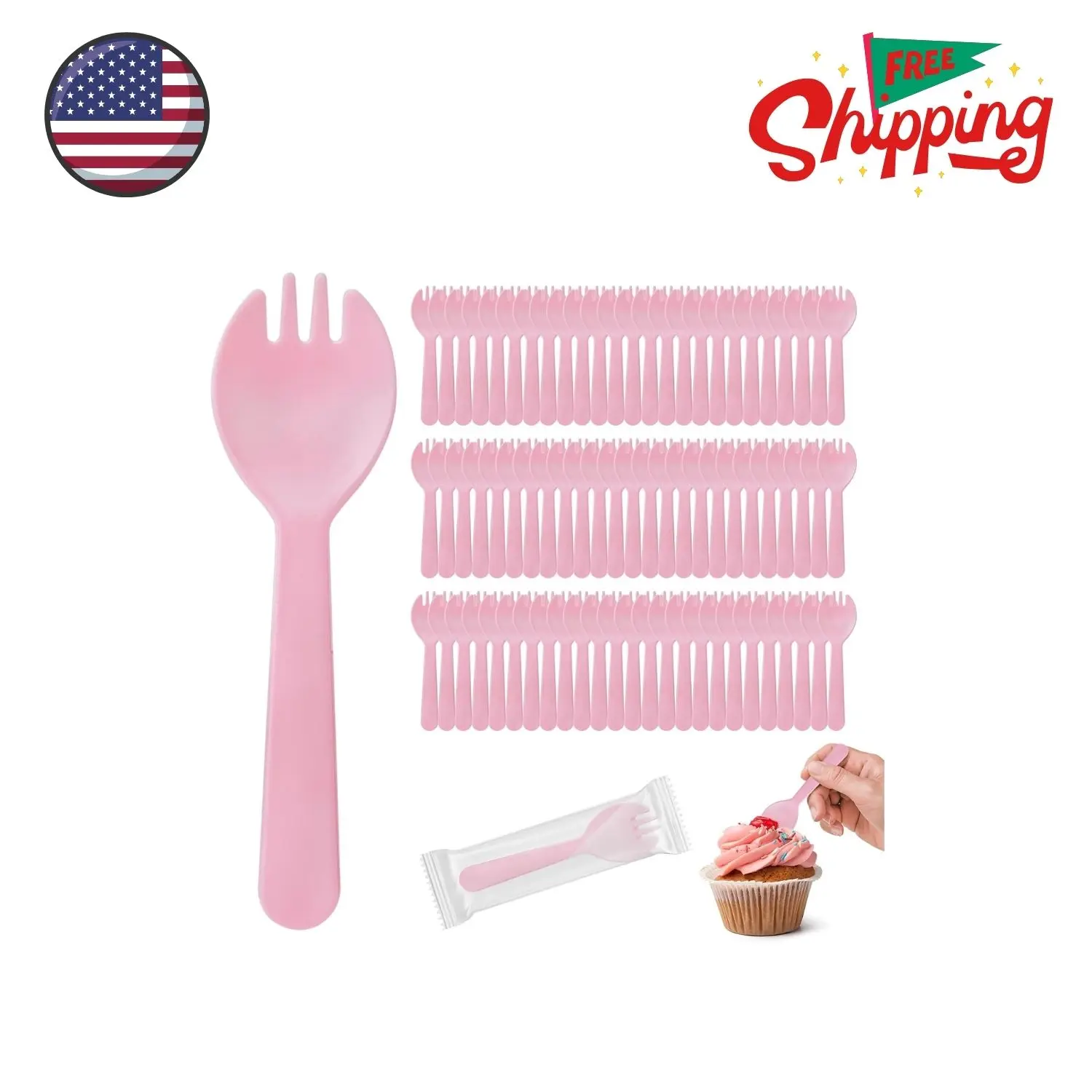 100Pcs Mini Pink Plastic Spork, 4.2 Inch Individually Wrapped Disposable Cutlery